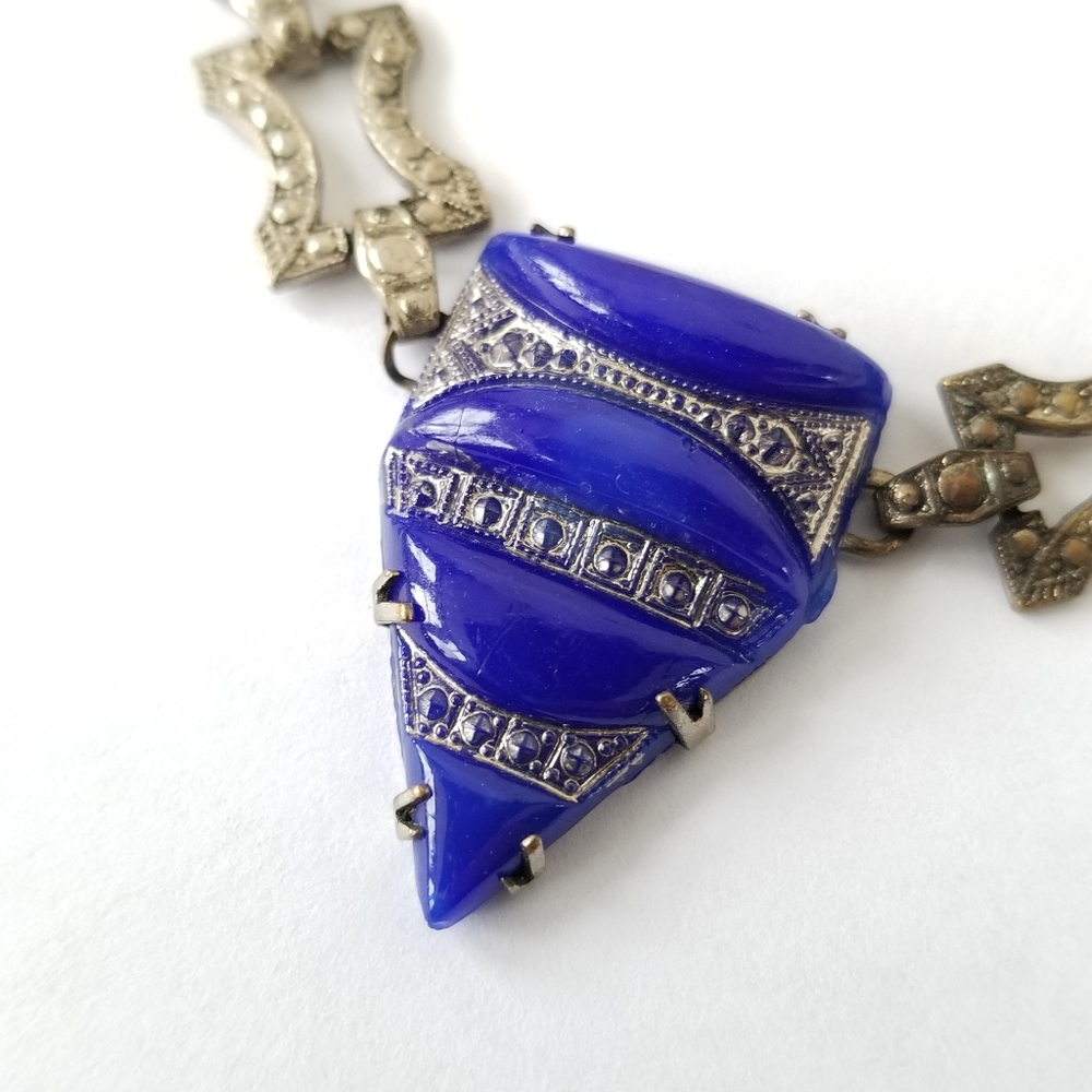 Relisted-Vintage Art Deco necklace blue glass silver tone choker - Picture 16 of 17